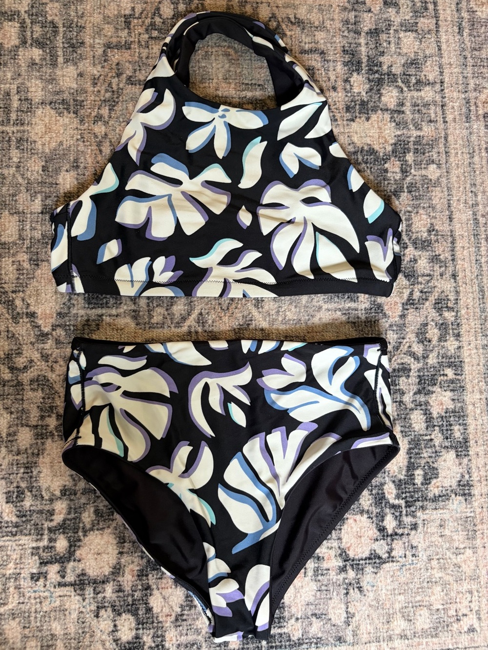 Athleta Girls Black Floral High-Neck Bikini Set with Pastel Accents